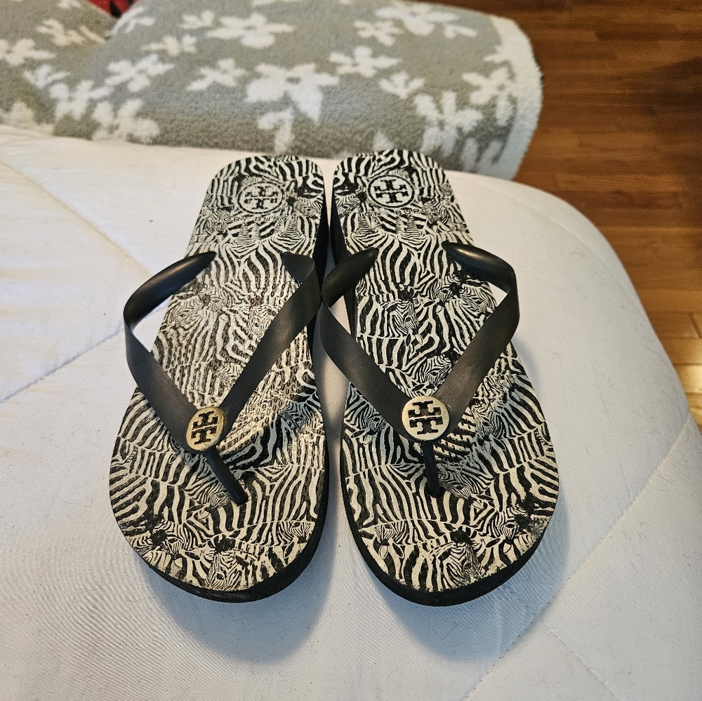 Tory Burch Black and White Zebra Flip Flops